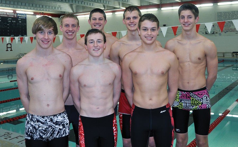Seven Austin swimmers will compete in the Class 'A' state swimming and diving meet in Minneapolis this week. Back row (left to right): Alex Laury, Carson Hackel, Nick Brehmer and Craig Heimark; front row: Ian Christopherson, Sam Clasen and Sawyer Myers. -- Rocky Hulne/sports@austindailyherald.com