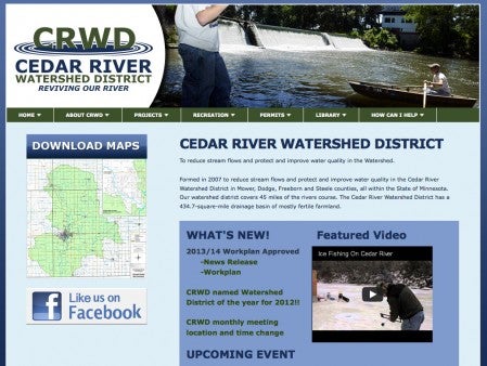 The Cedar River Watershed District continues to forge forward on raising awareness about water quality, flood reduction and local waterways as recreational resources. A new website design at cedarriverwd.org highlights local recreational and conservation opportunities with pictures, maps and videos. -- Screenshot of cedarriverwd.org