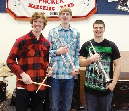 Junior Will Bjorndal (drums), junior Matt Tylutki (trumpet), and sophomore Jacob Burkhart (trumpet) were all recognized with outstanding soloist awards at the recent Head of the Lakes Jazz Festival in Duluth. Photo provided