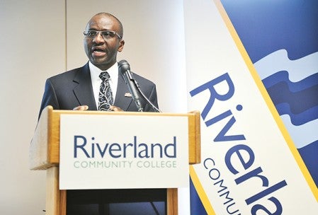 Riverland's president elect Adenuga Atewologun address those attending his introduction Thursday.