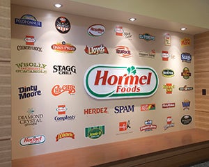 A wall inside Hormel Foods' corporate office showing many of its brands.
