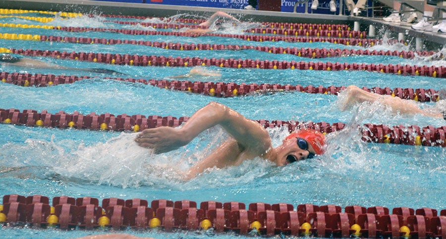 Austin's Nick Brehmer swims in the 100-yard freestyle finals at the University of Minnesota Aquatic Center in Minneapolis Saturday. Brehmer took eighth in the event. -- Rocky Hulne/sports@austindailyherald.com