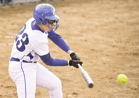 Riverland's Hope McAlister swings on a pitch in game one of a doubleheader against Fergus Falls Wednesday afternoon at Riverland.