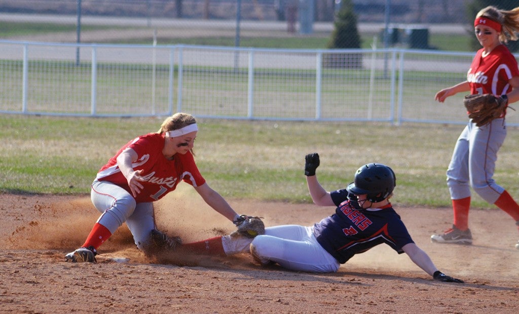 Austin shortstop Shayley Vesel tags out Albert Lea's Taylor Thompson at second base during a doubleheader at Todd Park Monday. -- Rocky Hulne/sports@austindailyherald.com