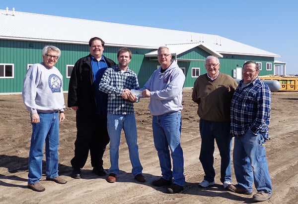 The Knights of Columbus presented the Mower County Humane Society with a check for $1,500 at the new shelter, which is scheduled for completion in late spring. Pictured, from left: Barry Rush, David Applen, Michael Embrickson, Jay Lutz, Jerry Mohrfeld and Bob Morgan. Photo provided