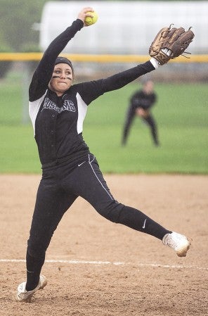 Blooming Prairie pitcher Shelbi Swenson delivers against Randolph in the third inning of the Section 1A West Division Tournament in Blooming Prairie Wednesday.