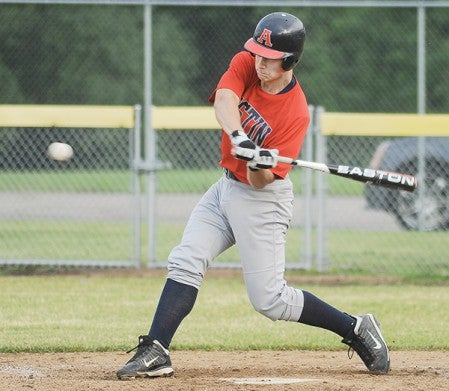 Austin VFW Post 1216's Jordan Hart swings on a pitch Cannon Falls in game one of a doubleheader Friday night at Marcusen Park.