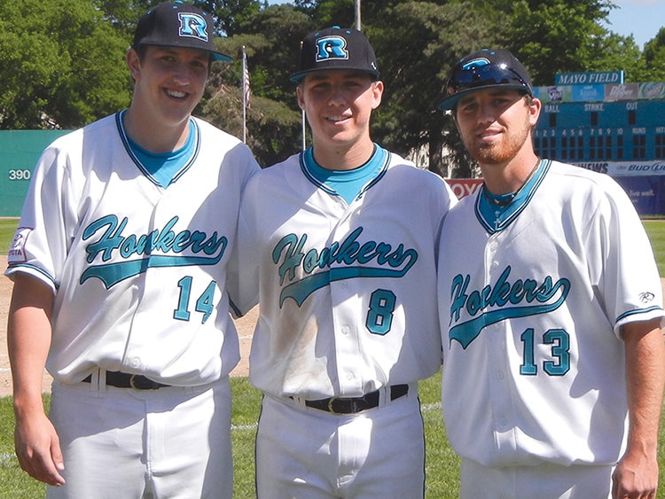 From left, Logan Spitzack, Steve Serratore and Tyler Krekling all played on the Austin VFW state championship team in 2009, and they’re all playing for the Rocheaster Honkers right now.-- Photo Provided