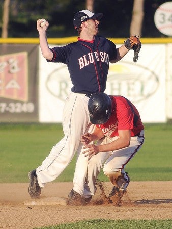 Austin Blue Sox second baseman T.J. Parlin relays the throw after getting the force on Austin/Albert Lea's Gabe Kasak in the second inning Tuesday night at Marcusen Park. -- Eric Johnson/photodesk@austindailyherald.com
