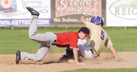 Austin's Nate Connor puts the tag on Rochester's Paul Schroeder as Schroeder steals second base Wednesday at Marcusen Park.