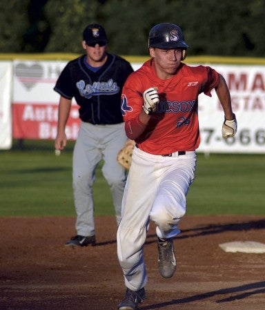 Lukas Anderson of the Austin Blue Sox hustles towards third base in Austin's 7-1 win over Rochester in Marcusen Park Wednesday. -- Rocky Hulne/sports@austindailyherald.com