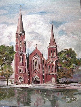 Bill Knauer has painted a picture of St. Augustine Church. He plans to sell prints of the painting to help raise funds for Pacelli. Photo provided