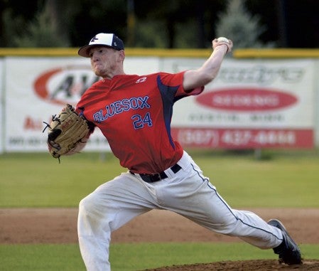 Chris May throws a pitch for the Austin Blue Sox during their game against the Mankato Mets in Marcusen Park Saturday. -- Rocky Hulne/sports@austindailyherald.com