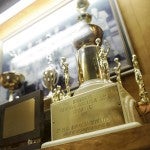 The 1958 Minnesota Catholic Education Association State Championship trophy sits in the trophy case at Pacelli High School. Orrie Jirele was MVP on that team. Eric Johnson/photodesk@austindailyherald.com