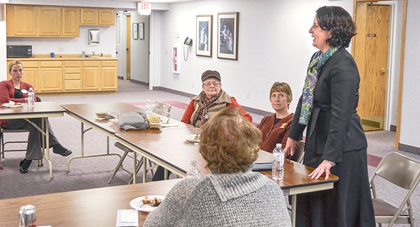 Mower County Attorney Kristen Nelsen speaks about domestic violence issues to the Zonta Club of Austin Tuesday at Sterling State Bank. -- Trey Mewes