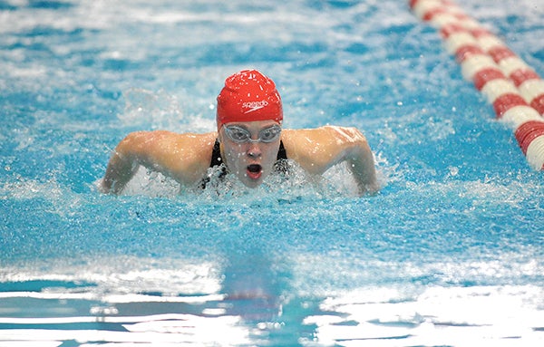 Katelyn Hillson of Austin competes the 100-yard butterfly Wednesday at the Section 1A girls' swim meet at the Rochester Recreation Center. -- Micah Bader/Albert Lea Tribune