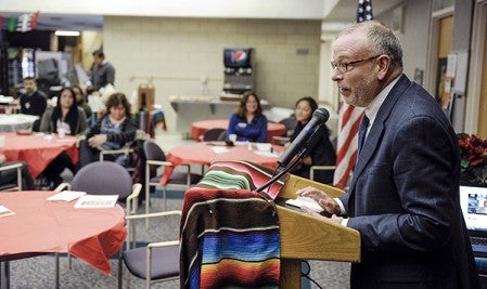 Mexican Consular Alberto Fierro speaks to a small gathering Friday afternoon in the cafeteria of Riverland's east campus. Eric Johnson/photodesk@austindailyherald.com