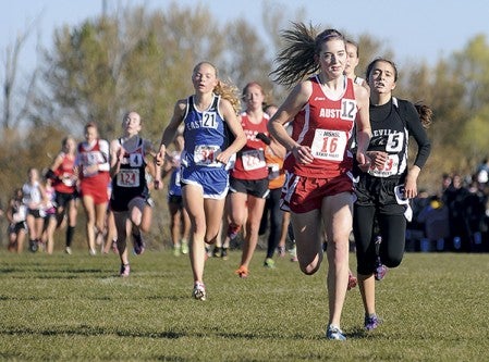 Austin's Madison Overby leads a string over runners towards the finish in the Class AA girls race of the Minnesota State Cross Meet at St. Olaf College in Northfield in November.