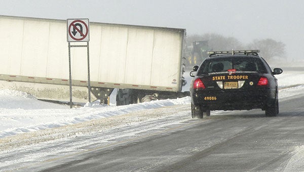 A jackknifed semi rests in the median of Interstate 35 about five miles south of Albert Lea. Tim Engstrom/newsroom @austindaily herald.com