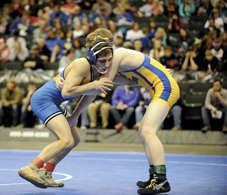 Mason Moreno, left, of Hayfield wrestles Saturday at the Class A state wrestling tournament against Quinten Berres of Kimball Area. -- Micah Bader/Albert Lea Tribune