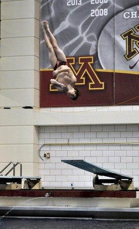 Austin senior Alec Anderson dives at the Class 'A' state swimming and diving meet in Minneapolis Saturday. -- Rocky Hulne/sports@austindailyherald.com