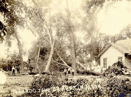 A photo showing damage from a 1908 storm.  Photo provided by the Mower County Historical Society