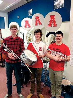 Three AHS jazz band members received Outstanding Soloist Awards at the Eau Claire Jazz Festival: Matt Tylutki (trumpet), Will Bjorndal (drums) and Jacob Burkhart (trumpet). Jazz One will be performing at several concerts and community events in the coming weeks, including the Band Blast on Monday, May 5.  Photo provided
