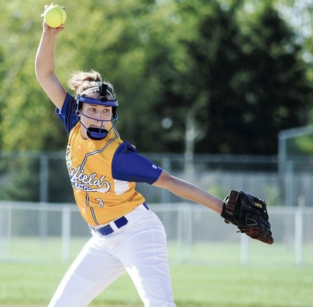 Hayfield pitcher Alyssa Monahan pitching in the third inning against Randolph in the Subsection 1A tournament Friday night at Todd Park. Eric Johnson/photodesk@austindailyherald.com