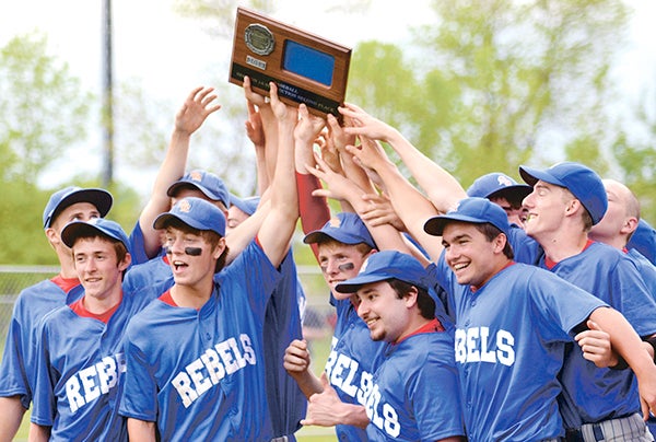 Southland’s pitcher Ike Kloeckner and the Southland Rebels baseball team hold up the second place plaque for the Section 1A West tournament at  Dick Seltz Field Monday. Kloeckner threw a no-hitter a day after learning his grandma had passed away. The Rebels’ beat Randolph 11-0. 
