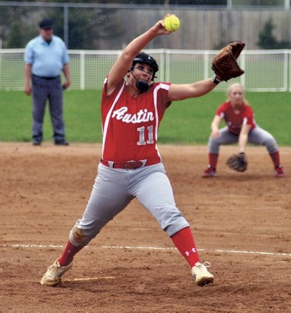 Austin pitcher Abbey Ball fires a pitch against Mankato East in Todd Park Monday. -- Rocky Hulne/sports@austindailyherald.com
