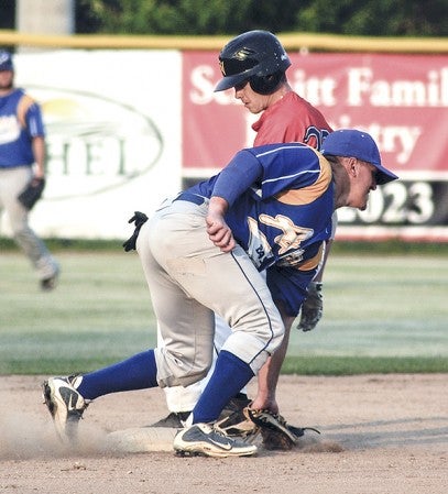 The Austin Blue Sox runner Marcus Stolil pulls into second  during the second inning Tuesday against the Owatonna Aces. Eric Johnson/photodesk@austindailyherald.com