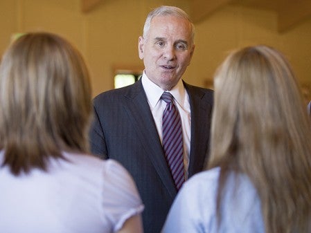 Gov. Mark Dayton speaks with students in attendance Friday at Edgewater Pavilion during a ceremonial bill signing. Colleen Harrison/Austin Daily Herald