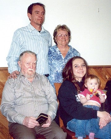 Five generation Back row, from left: Charles Whalen, grandfather; great grandmother, Linda Castellanos. Front row, from left: Great great grandfather, Carstin (Bud) Overby; mother, Kiara Whalen; baby, Kassidy Whalen.
