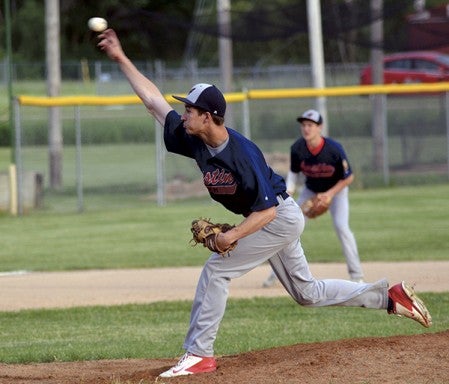 Steven Clennon throws a pitcher for Austin Post 91 in Stewartville Monday. -- Rocky Hulne/sports@austindailyherald.com