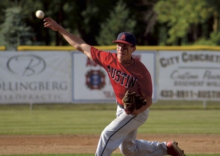 Daniel Bollingberg pitches for Austin Post 1216 in a an 11-1 win over Rochester Mayo in Marcusen Park Wednesday. -- Rocky Hulne/sports@austindailyherald.com