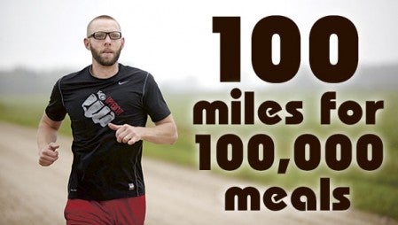 Kelly Nesvold, an Austin chiropractor, kicked off his 100M4HUNGER campaign to run 100 miles to raise $25,000 to buy 100,000 meals for children. Photo courtesy of Hormel Foods Corp.