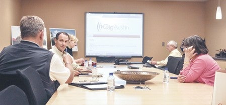 Vision 2020's Community Wide Technology committee discusses a proposed data fiber network at a meeting last Tuesday. Trey Mewes/trey.mewes@austindailyherald.com