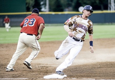 The Austin Blue Sox Jamie Adams rounds third on the way to scoring in the first inning against the Austin Greyhounds Friday night at Marcusen Park. Eric Johnson/photodesk@austindailyherald.com