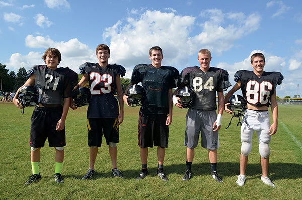 From left: Blooming Prairie receivers Sam Swenson, Mitchell Jones, Anthony Nelson, Cole Sunde and Tristen Haberman have all stepped up for the Awesome Blossoms this fall. -- Rocky Hulne/sports@austindailyherald.com