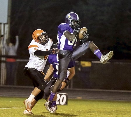 Grand Meadow's Cody Ojulu hauls in an interception against Lanesboro during the Superlarks' 43-6 win over the Burros in the Section 1 nine-man football semifinals in Grand Meadow Saturday. -- Photo provided by Rhonda Besel