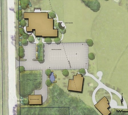 The aerial artist’s rendition shows the proposed locations of the buildings, with the new interpretive center up top. 