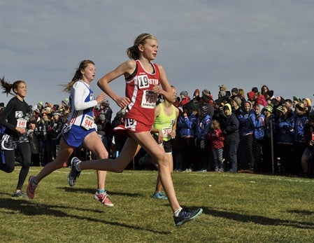 Austin's Abby Lewis runs down the stretch in the Class AA state cross country meet in Northfield Saturday. -- Rocky Hulne/sports@austindailyherald.com