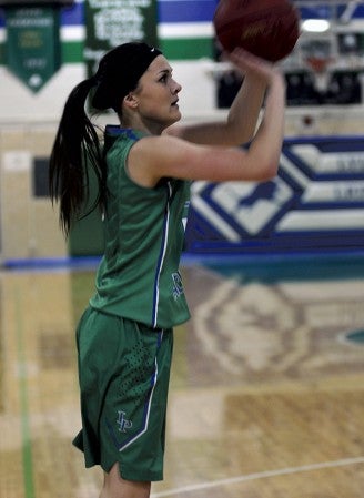Lyle-Pacelli's Bethany Strouf takes a jump shot in Pacelli Gym Monday. -- Rocky Hulne/sports@austindailyherald.com