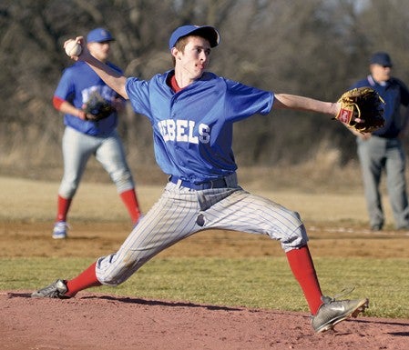 Southland's James Landherr pitches against Dover-Eyota in Adams Tuesday. Rocky Hulne/sports@austindailyherald.com