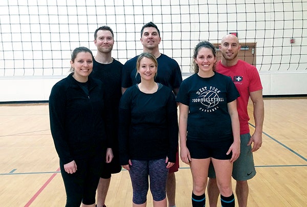 The Thoroughbred Carpets volleyball team of Austin took first place at the Albert Lea Parks & Recreation Annual Co-Ed volleyball tournament recently. The team included: back row (left to right): Pete Conway, Joe Huffman and Bryce Becker; front row: Jenny Compton, Ellie Huffman and Kristen Becker. Photo Provided