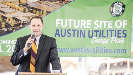 Austin Utilities General Manager Mark Nibaur talks about the process that went in to getting to Wednesday's groundbreaking for the Energy Parks' central administrative building. Eric Johnson/photodesk@austindailyherald.com