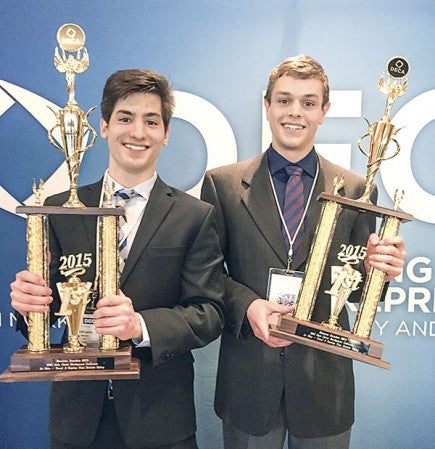 Giancarlo Marconi and Sawyer Myers won first at the DECA State Career Conference in Minneapolis.  Photo provided.