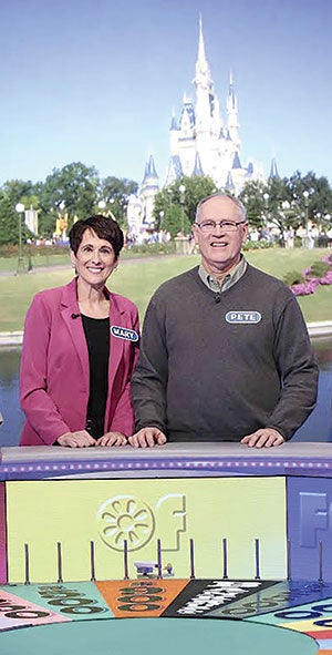 Mary and Pete Kittleson are photographed on the set of “Wheel of Fortune.” The Blooming Prairie couple will appear on the popular gameshow Thursday night. Photo provided