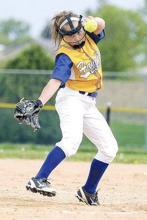 Hayfield pitcher Jackie Sanvick delivers in a Section 1A West Division semifinal matchup against Randolph Wednesday afternoon in Hayfield. Eric Johnson/photodesk@austindailyherald.com