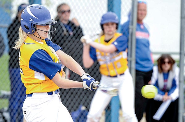 Hayfield's Maggie Streightiff swings on a pitch in the first inning against Randolph in their Section 1 West Division semifinal game Wednesday in Hayfield. Eric Johnson/photodesk@austindailyherald.com